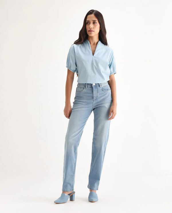 Rareism Women Pipevine Light Blue Cotton Lycra Fabric High Rise Solid Tailored Fit Ankle Length Jeans