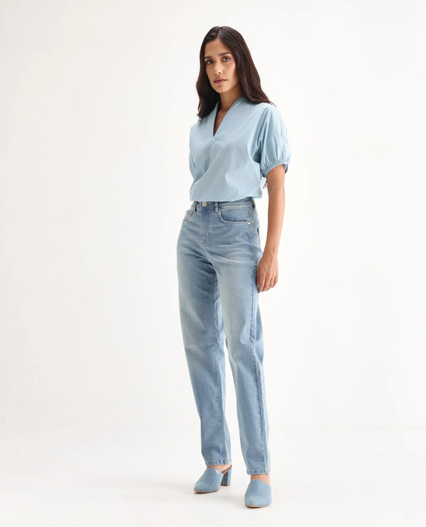 Rareism Women Pipevine Light Blue Cotton Lycra Fabric High Rise Solid Tailored Fit Ankle Length Jeans