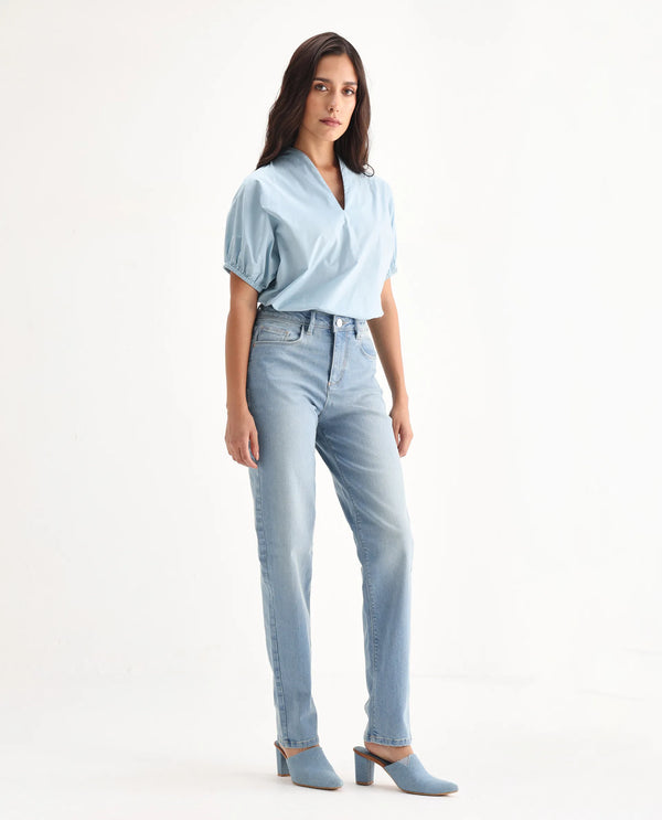 Rareism Women Pipevine Light Blue Cotton Lycra Fabric High Rise Solid Tailored Fit Ankle Length Jeans