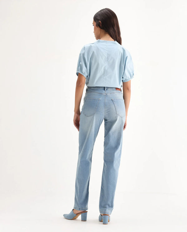 Rareism Women Pipevine Light Blue Cotton Lycra Fabric High Rise Solid Tailored Fit Ankle Length Jeans