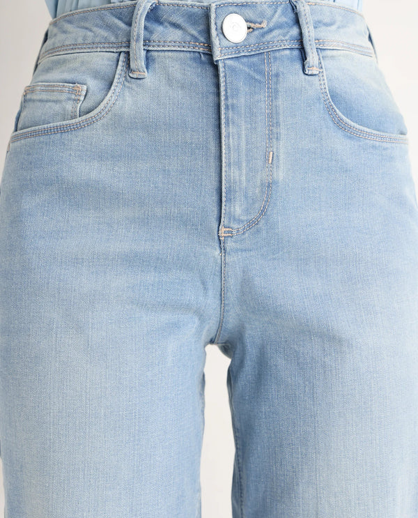 Rareism Women Pipevine Light Blue Cotton Lycra Fabric High Rise Solid Tailored Fit Ankle Length Jeans