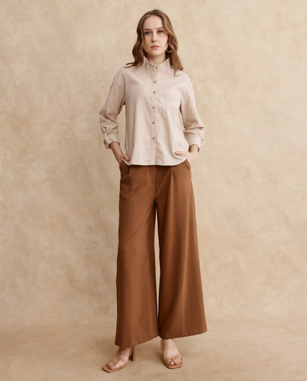 Rareism Women Pipti Beige Cuffed Sleeve Collared Neck Button Closure Plain Shirt