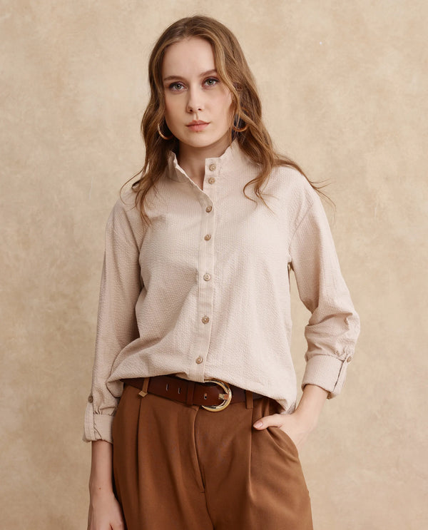Rareism Women Pipti Beige Cuffed Sleeve Collared Neck Button Closure Plain Shirt