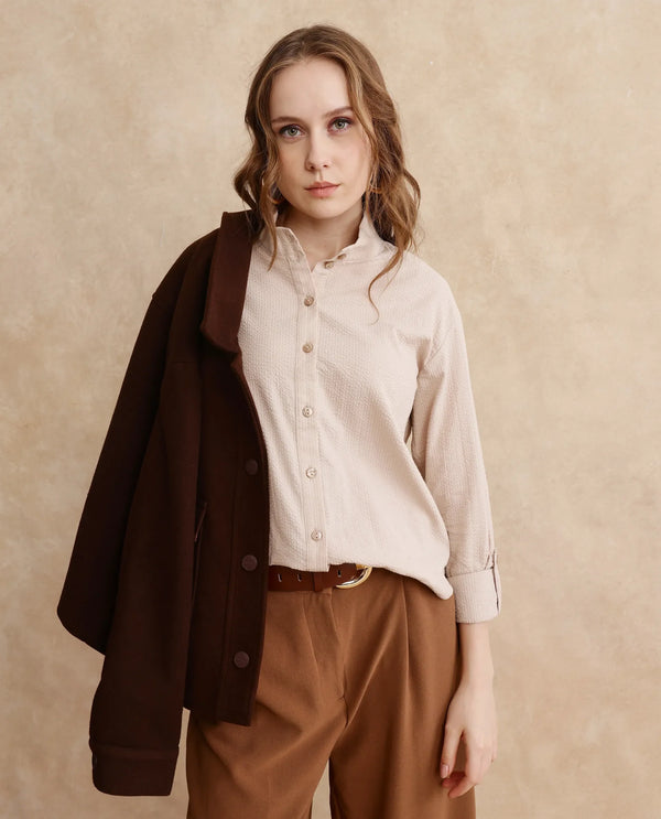 Rareism Women Pipti Beige Cuffed Sleeve Collared Neck Button Closure Plain Shirt
