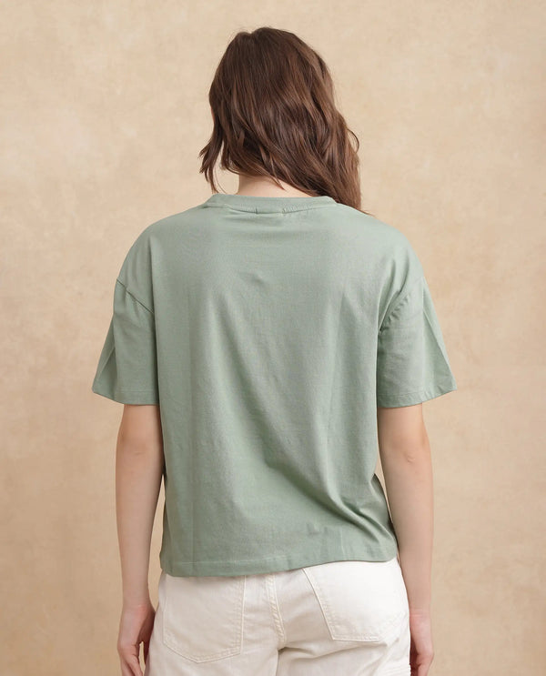 Rareism Women Pique Light Green Cotton Blend Fabric Short Sleeve Crew Neck Relaxed Fit Graphic Print T-Shirt
