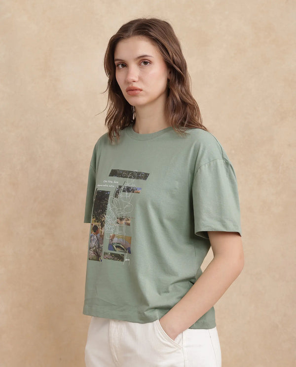 Rareism Women Pique Light Green Cotton Blend Fabric Short Sleeve Crew Neck Relaxed Fit Graphic Print T-Shirt