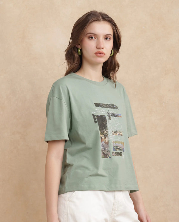 Rareism Women Pique Light Green Cotton Blend Fabric Short Sleeve Crew Neck Relaxed Fit Graphic Print T-Shirt