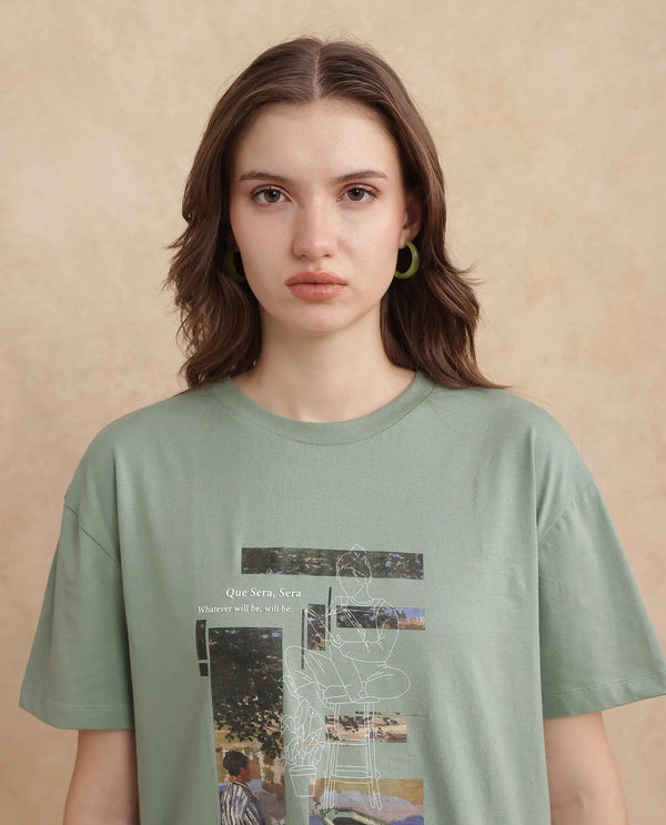 Rareism Women Pique Light Green Cotton Blend Fabric Short Sleeve Crew Neck Relaxed Fit Graphic Print T-Shirt