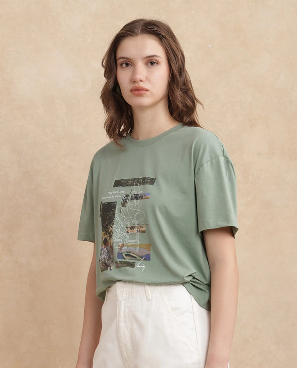 Rareism Women Pique Light Green Cotton Blend Fabric Short Sleeve Crew Neck Relaxed Fit Graphic Print T-Shirt