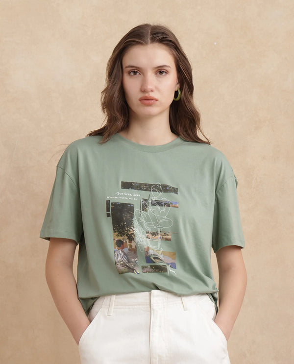 Rareism Women Pique Light Green Cotton Blend Fabric Short Sleeve Crew Neck Relaxed Fit Graphic Print T-Shirt