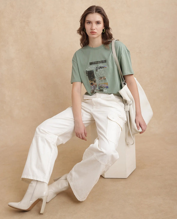 Rareism Women Pique Light Green Cotton Blend Fabric Short Sleeve Crew Neck Relaxed Fit Graphic Print T-Shirt