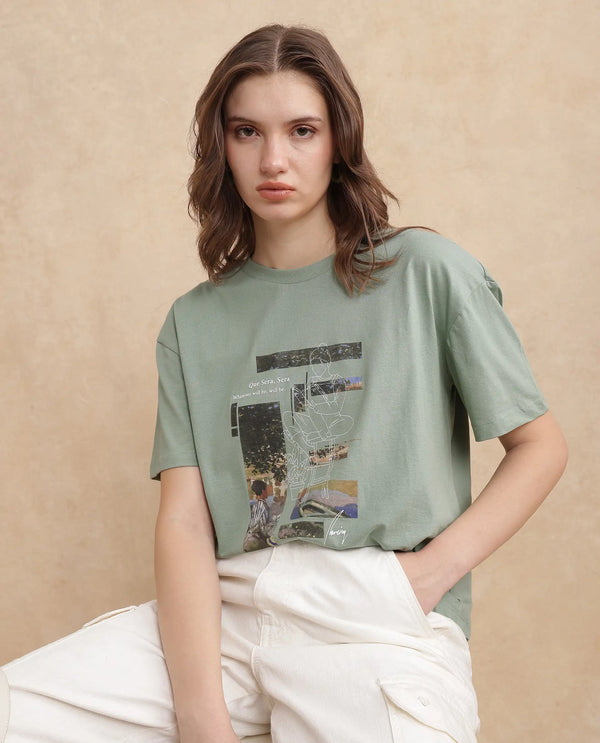 Rareism Women Pique Light Green Cotton Blend Fabric Short Sleeve Crew Neck Relaxed Fit Graphic Print T-Shirt