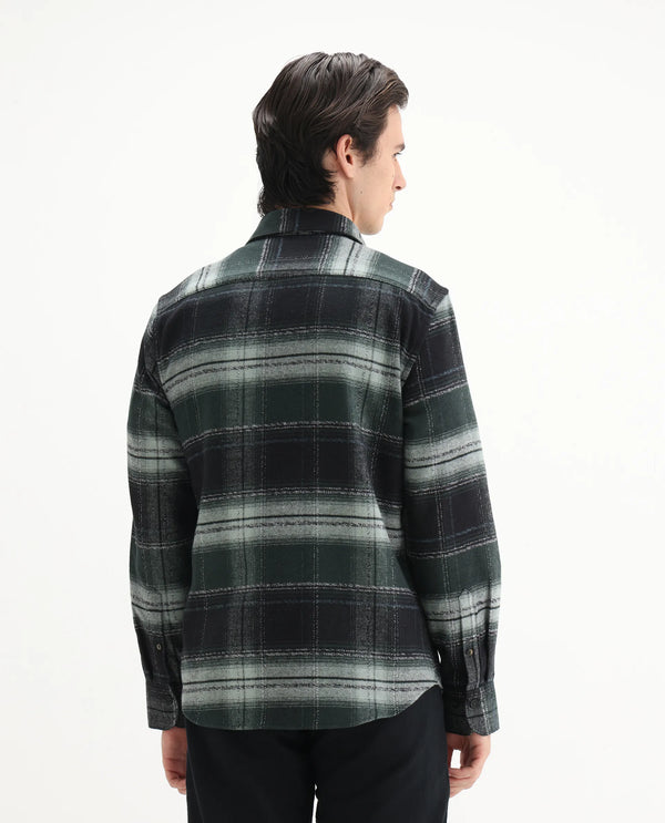 Rare Rabbit Men's Piter Green Cotton Blend Fabric Full Sleeves Collared Neck Button Closure Checked Shirt