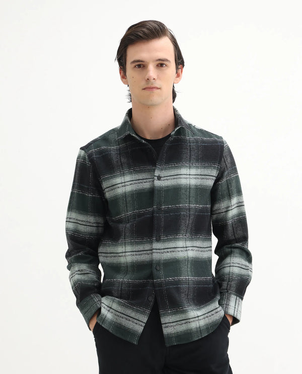 Rare Rabbit Men's Piter Green Cotton Blend Fabric Full Sleeves Collared Neck Button Closure Checked Shirt