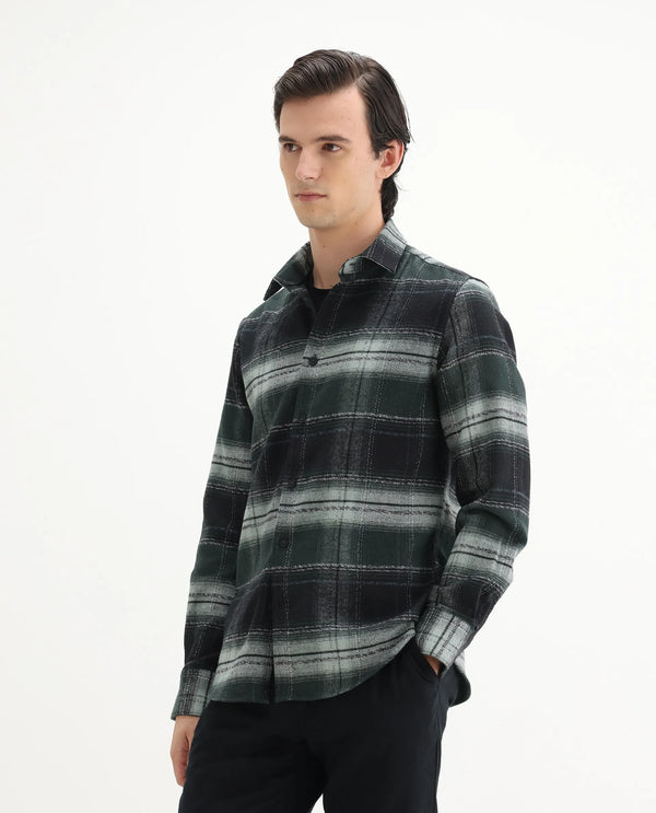 Rare Rabbit Men's Piter Green Cotton Blend Fabric Full Sleeves Collared Neck Button Closure Checked Shirt