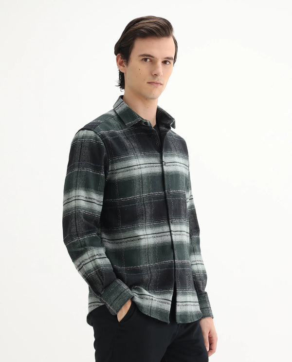 Rare Rabbit Men's Piter Green Cotton Blend Fabric Full Sleeves Collared Neck Button Closure Checked Shirt