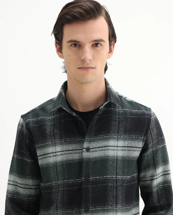 Rare Rabbit Men's Piter Green Cotton Blend Fabric Full Sleeves Collared Neck Button Closure Checked Shirt