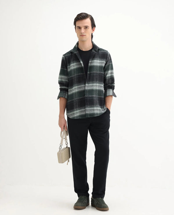 Rare Rabbit Men's Piter Green Cotton Blend Fabric Full Sleeves Collared Neck Button Closure Checked Shirt