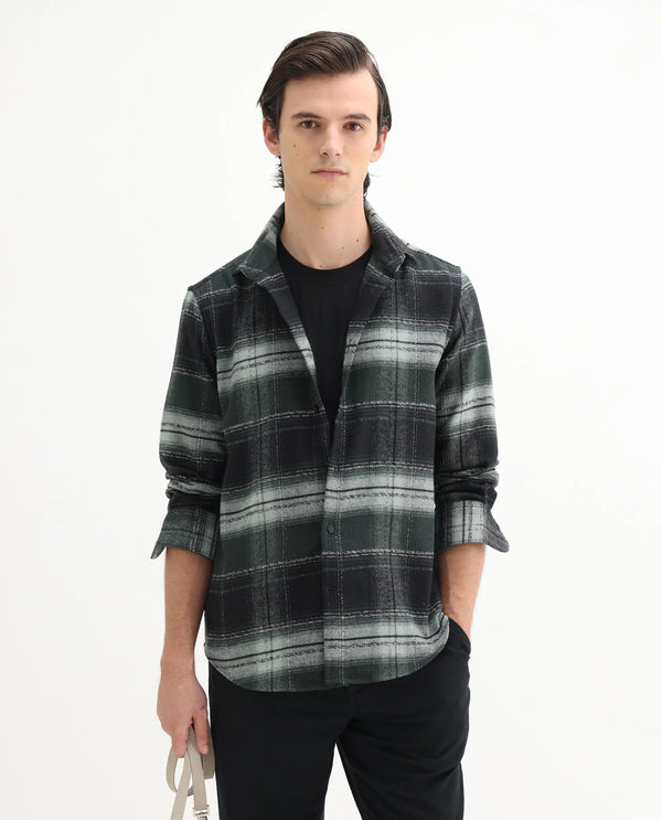 Rare Rabbit Men's Piter Green Cotton Blend Fabric Full Sleeves Collared Neck Button Closure Checked Shirt