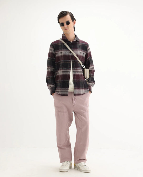 Rare Rabbit Men's Piter Maroon Cotton Blend Fabric Full Sleeves Collared Neck Button Closure Checked Shirt
