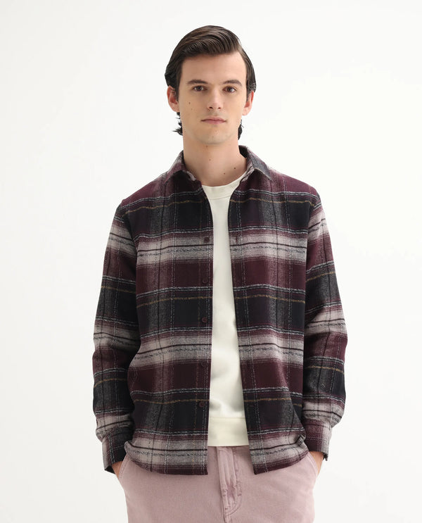 Rare Rabbit Men's Piter Maroon Cotton Blend Fabric Full Sleeves Collared Neck Button Closure Checked Shirt