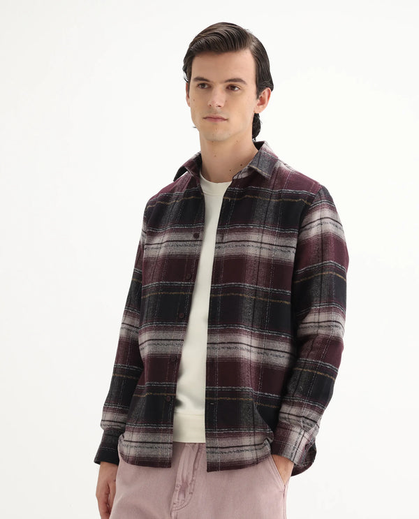 Rare Rabbit Men's Piter Maroon Cotton Blend Fabric Full Sleeves Collared Neck Button Closure Checked Shirt