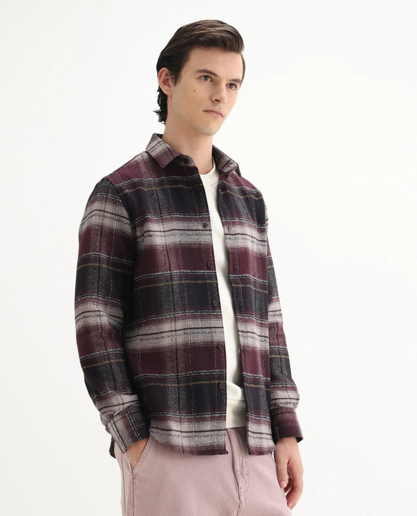Rare Rabbit Men's Piter Maroon Cotton Blend Fabric Full Sleeves Collared Neck Button Closure Checked Shirt