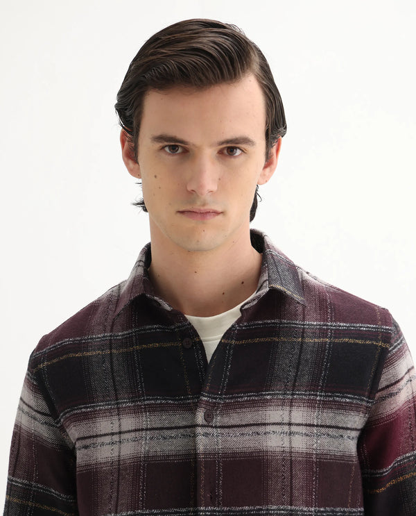 Rare Rabbit Men's Piter Maroon Cotton Blend Fabric Full Sleeves Collared Neck Button Closure Checked Shirt