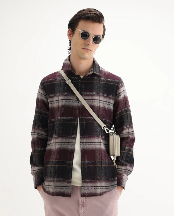 Rare Rabbit Men's Piter Maroon Cotton Blend Fabric Full Sleeves Collared Neck Button Closure Checked Shirt