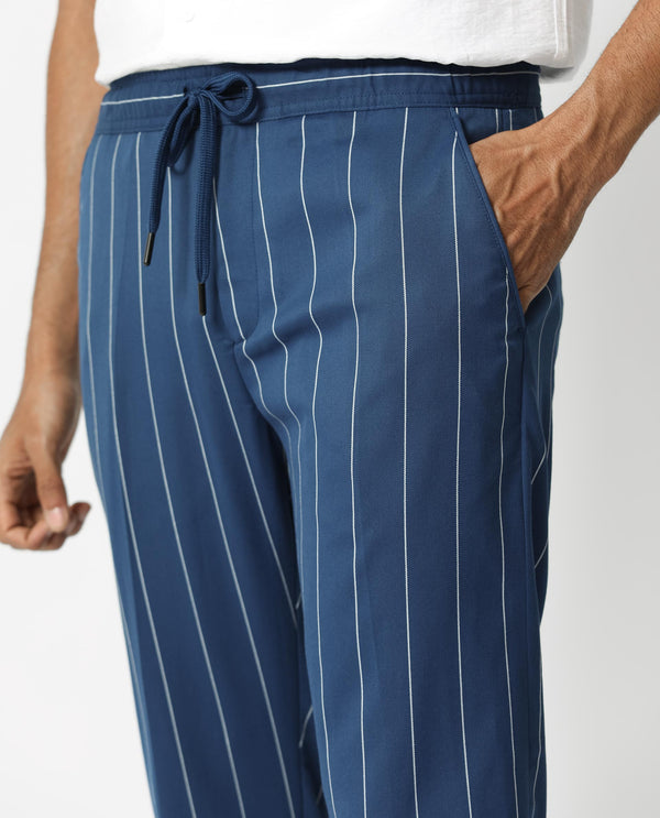 Rare Rabbit Men's Pixie Dark Blue Mid-Rise Regular Fit With Drawstring And Elastic Waistband Stripe Trouser