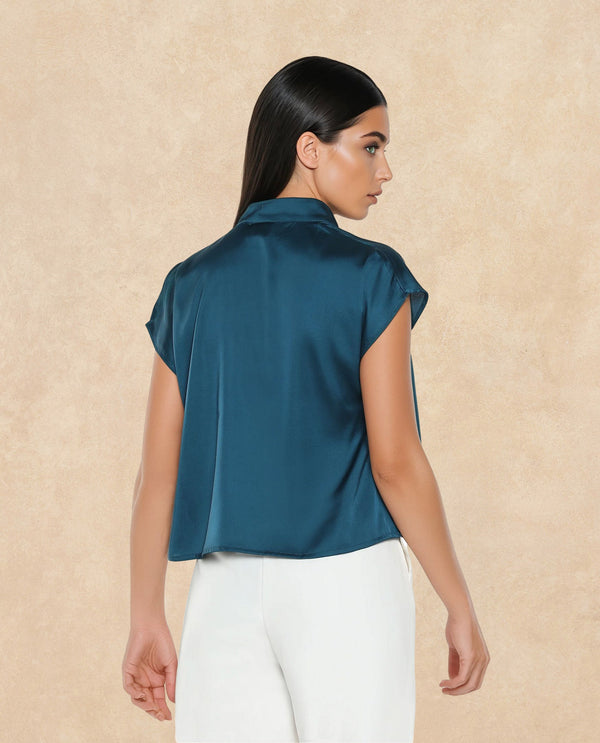 Rareism Women Plama Petrol Extended Sleeves Mandarin Collar Button Closure Plain Top