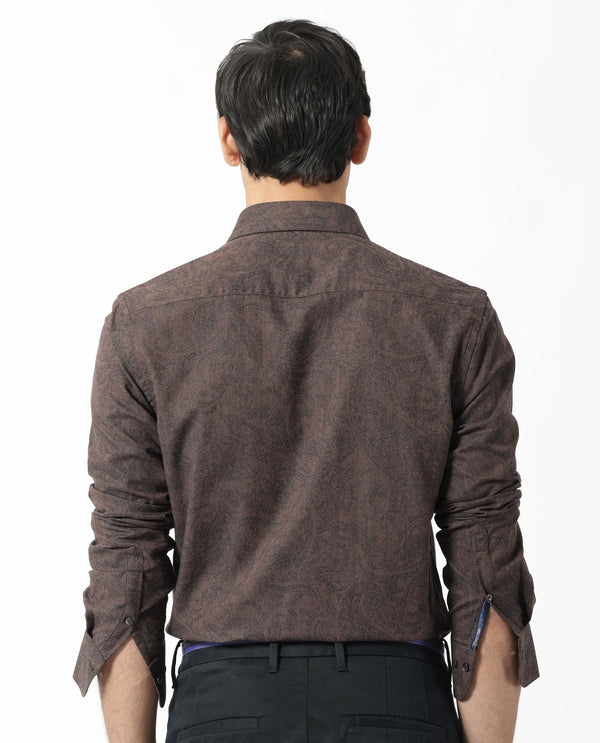 Rare Rabbit Men's Platim Rust Herringbone Fabric Full Sleeves Paisley Print Shirt