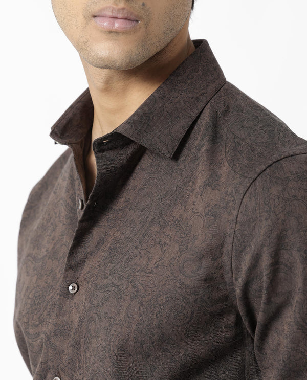 Rare Rabbit Men's Platim Rust Herringbone Fabric Full Sleeves Paisley Print Shirt