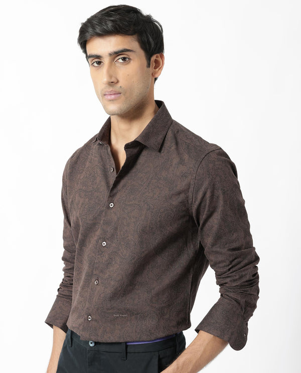 Rare Rabbit Men's Platim Rust Herringbone Fabric Full Sleeves Paisley Print Shirt