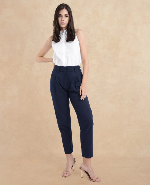 Rareism Women Plio Dark Navy Zipper Closure Tapered Fit Plain Ankle Length Trouser