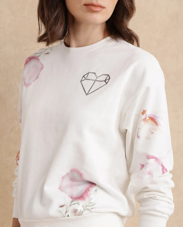 Rareism Women Plume Off White Cotton Blend Fabric Full Sleeve Crew Neck Relaxed Fit Graphic Print Sweatshirt