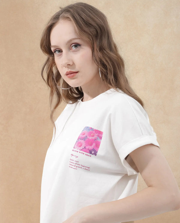 Rareism Women Poctri Off White Cotton Elastane Fabric Crew Neck Knit Solid T-Shirt