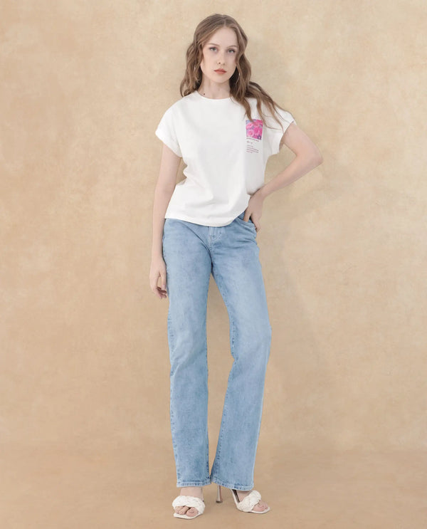 Rareism Women Poctri Off White Cotton Elastane Fabric Crew Neck Knit Solid T-Shirt
