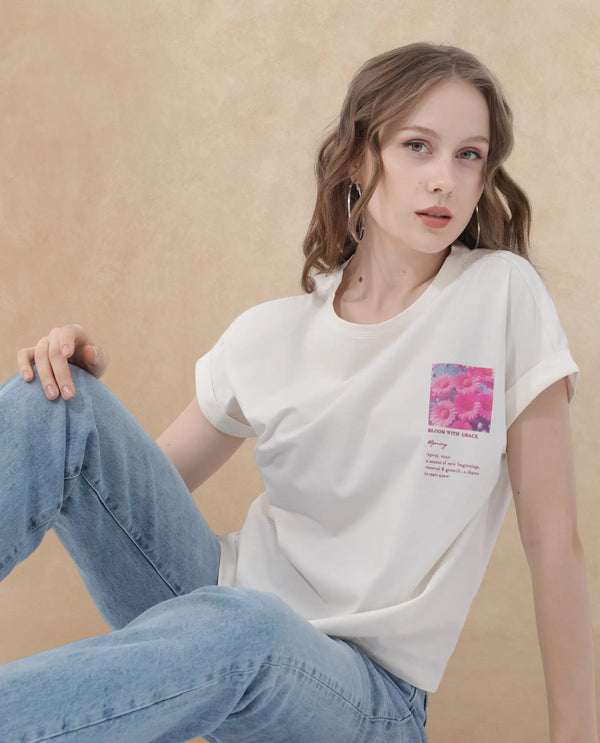 Rareism Women Poctri Off White Cotton Elastane Fabric Crew Neck Knit Solid T-Shirt