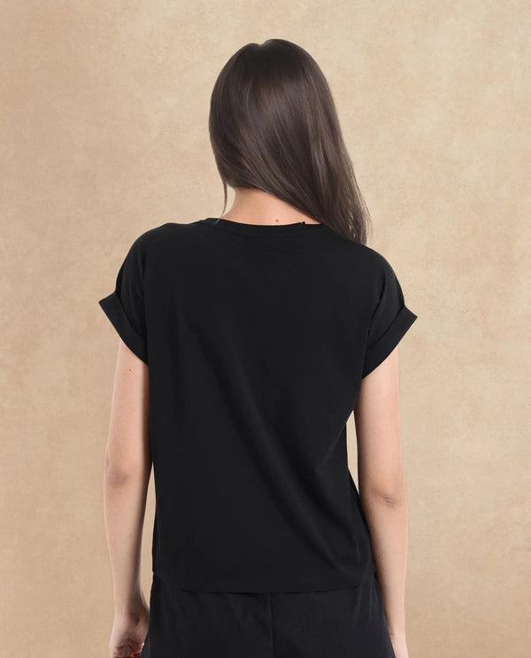 Rareism Women Poctri Black Cotton Elastane Fabric Crew Neck Knit Solid T-Shirt