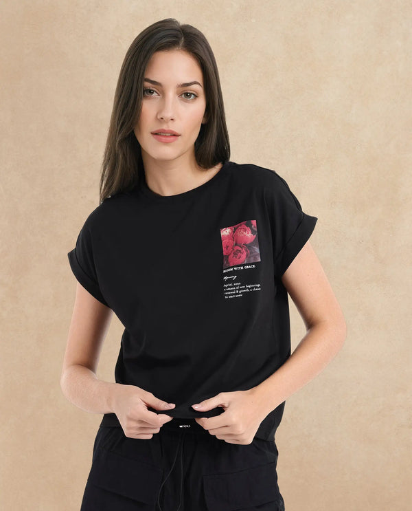 Rareism Women Poctri Black Cotton Elastane Fabric Crew Neck Knit Solid T-Shirt