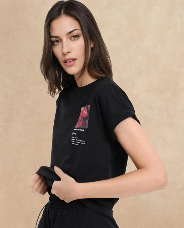 Rareism Women Poctri Black Cotton Elastane Fabric Crew Neck Knit Solid T-Shirt