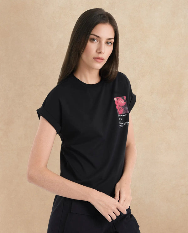 Rareism Women Poctri Black Cotton Elastane Fabric Crew Neck Knit Solid T-Shirt