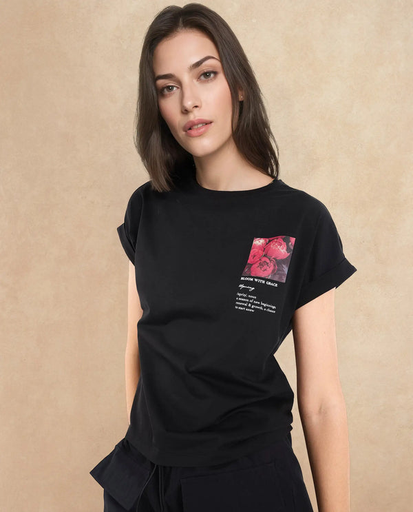 Rareism Women Poctri Black Cotton Elastane Fabric Crew Neck Knit Solid T-Shirt