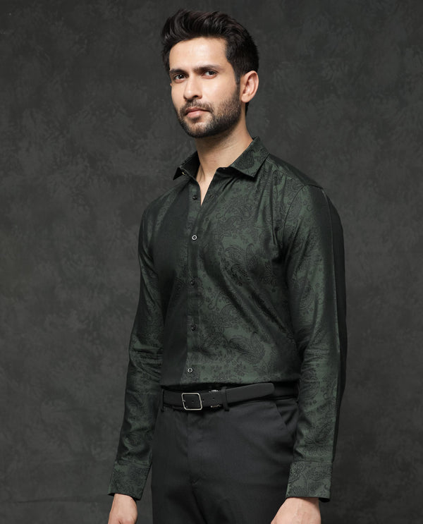 Rare Rabbit Mens Poe Dark Green Cotton Polyester Fabric Full Sleeves Jacquard Texture Shirt