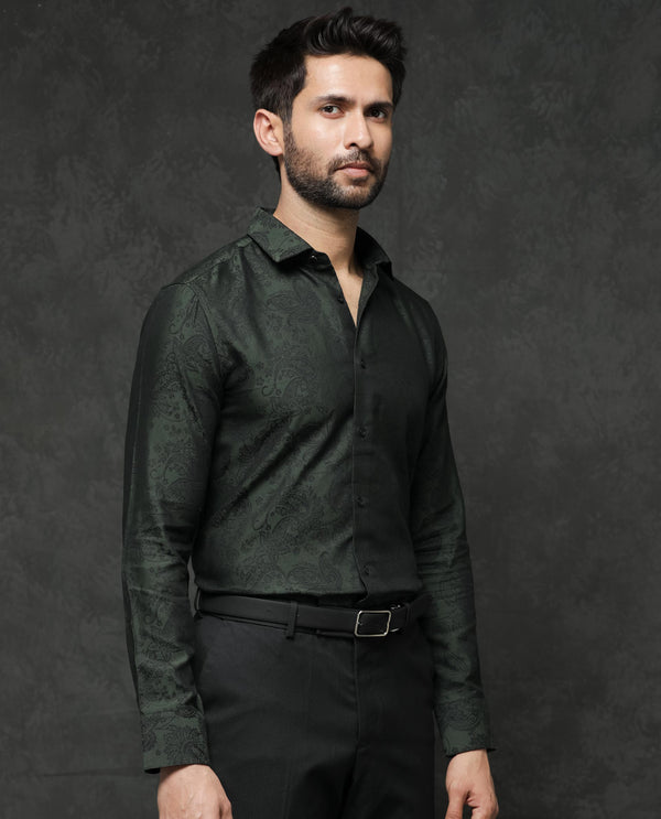 Rare Rabbit Mens Poe Dark Green Cotton Polyester Fabric Full Sleeves Jacquard Texture Shirt