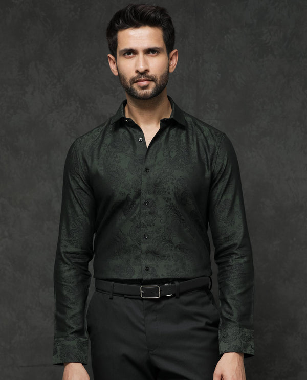 Rare Rabbit Mens Poe Dark Green Cotton Polyester Fabric Full Sleeves Jacquard Texture Shirt