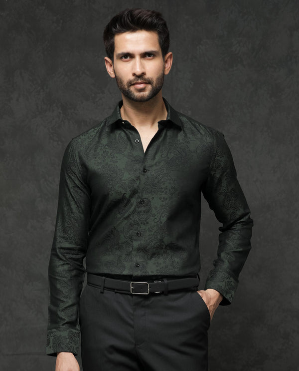 Rare Rabbit Mens Poe Dark Green Cotton Polyester Fabric Full Sleeves Jacquard Texture Shirt