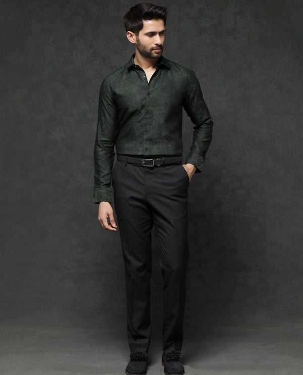 Rare Rabbit Mens Poe Dark Green Cotton Polyester Fabric Full Sleeves Jacquard Texture Shirt
