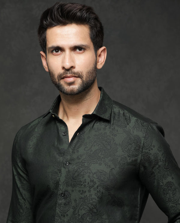 Rare Rabbit Mens Poe Dark Green Cotton Polyester Fabric Full Sleeves Jacquard Texture Shirt